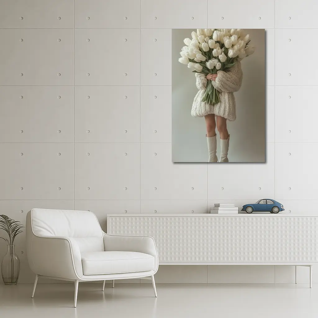 Woman Holding White Tulips Bouquet Beige Background – Wall Art