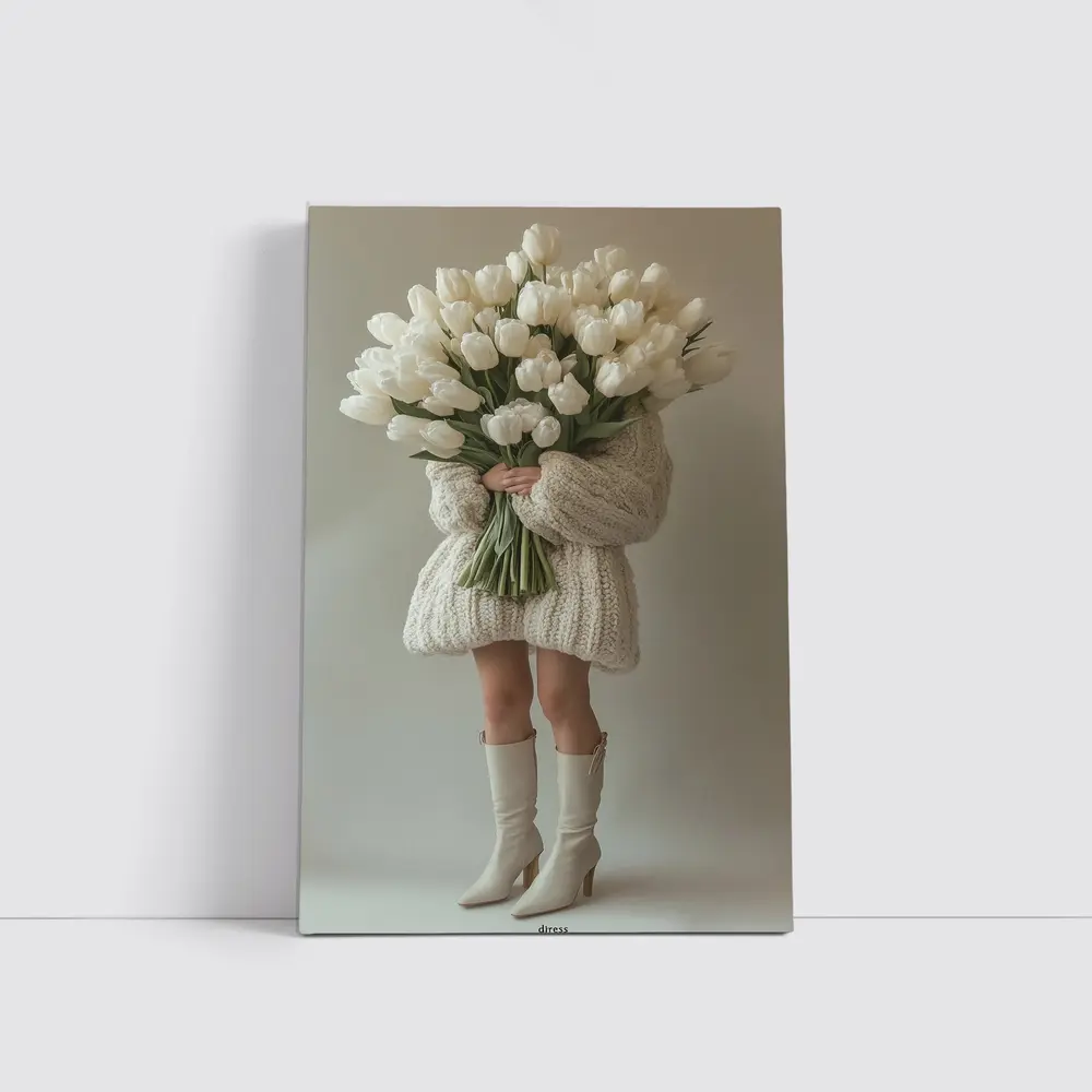Woman Holding White Tulips Bouquet Beige Background – Wall Art