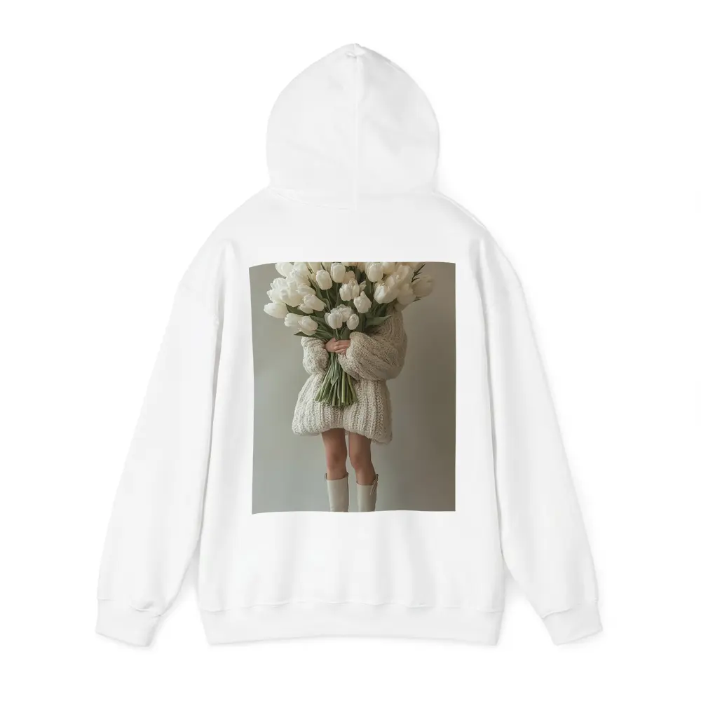 Woman Holding White Tulips Bouquet Beige Background – Hoodies