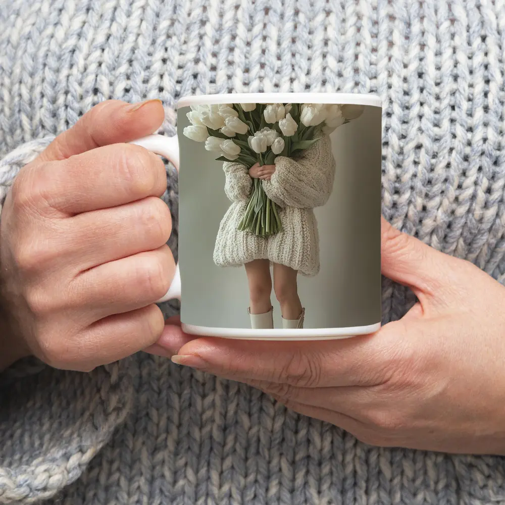 Woman Holding White Tulips Bouquet Beige Background – Mugs