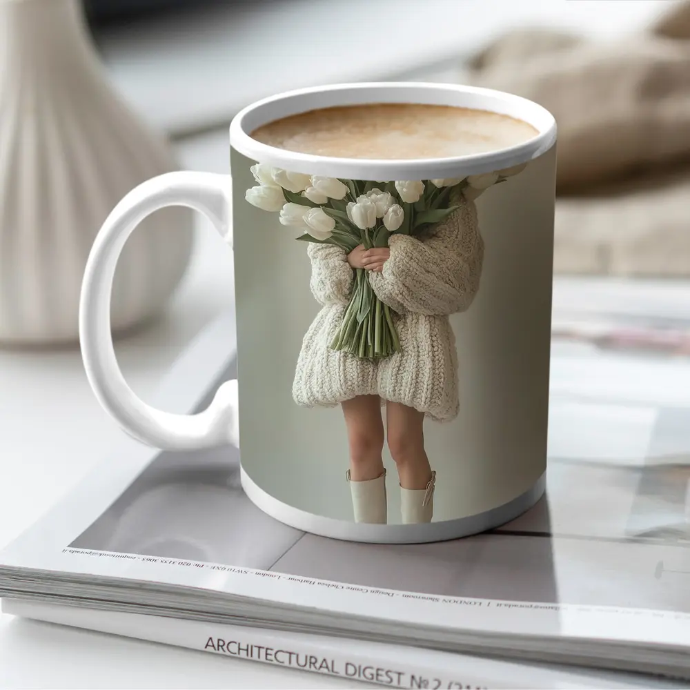 Woman Holding White Tulips Bouquet Beige Background – Mugs