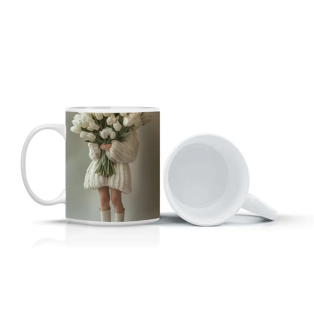 Woman Holding White Tulips Bouquet Beige Background – Mugs