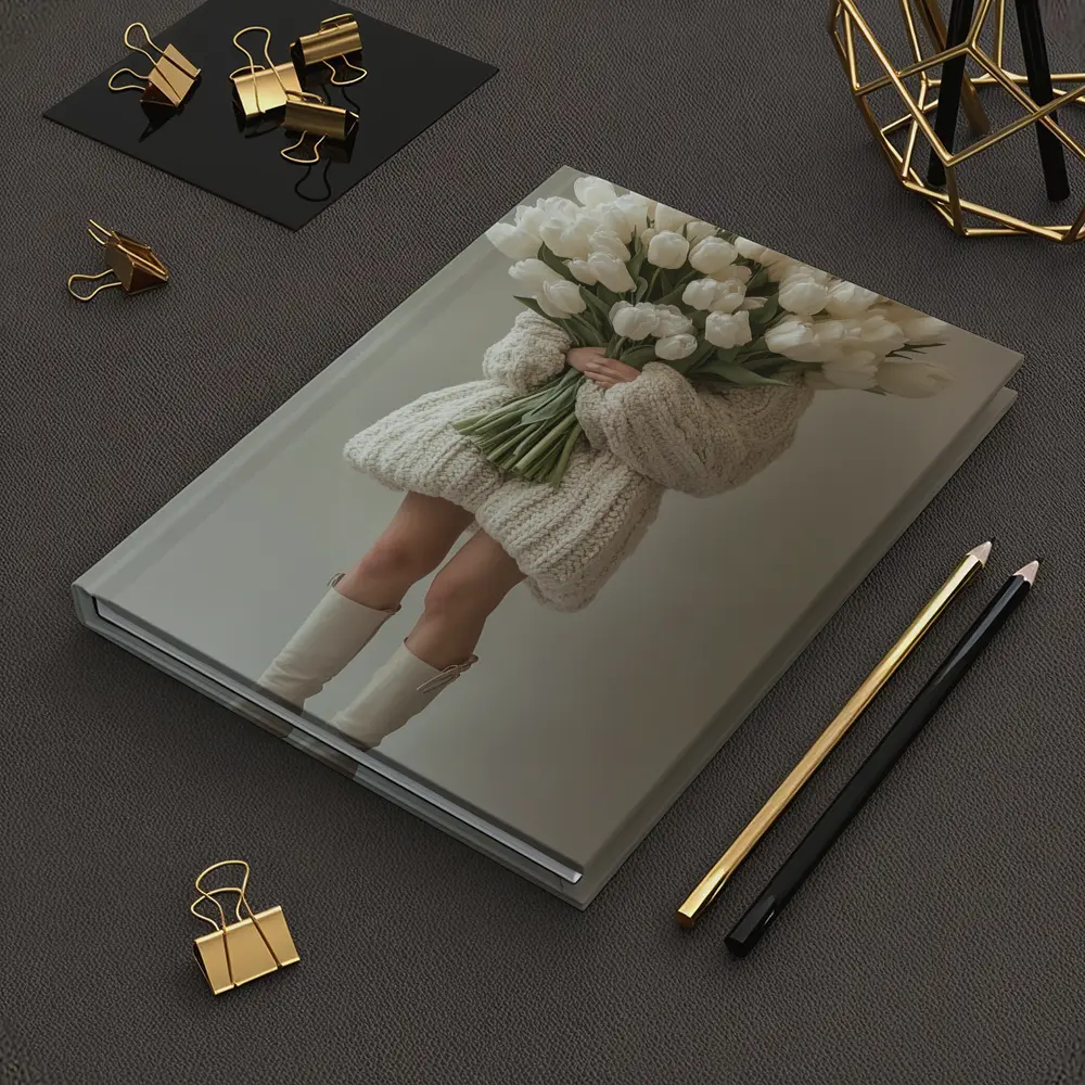 Woman Holding White Tulips Bouquet Beige Background – Notebooks