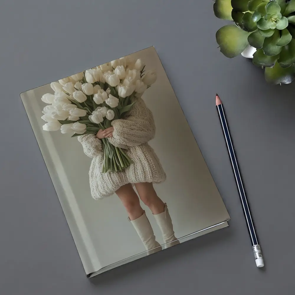Woman Holding White Tulips Bouquet Beige Background – Notebooks