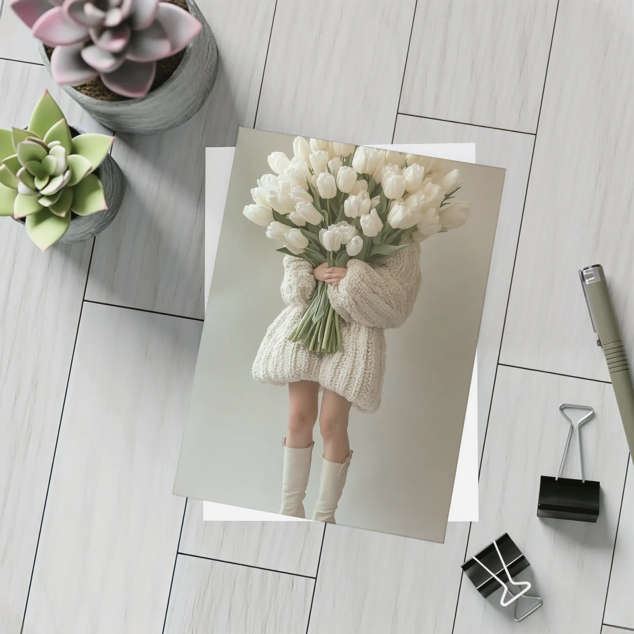 Woman Holding White Tulips Bouquet Beige Background – Postcards