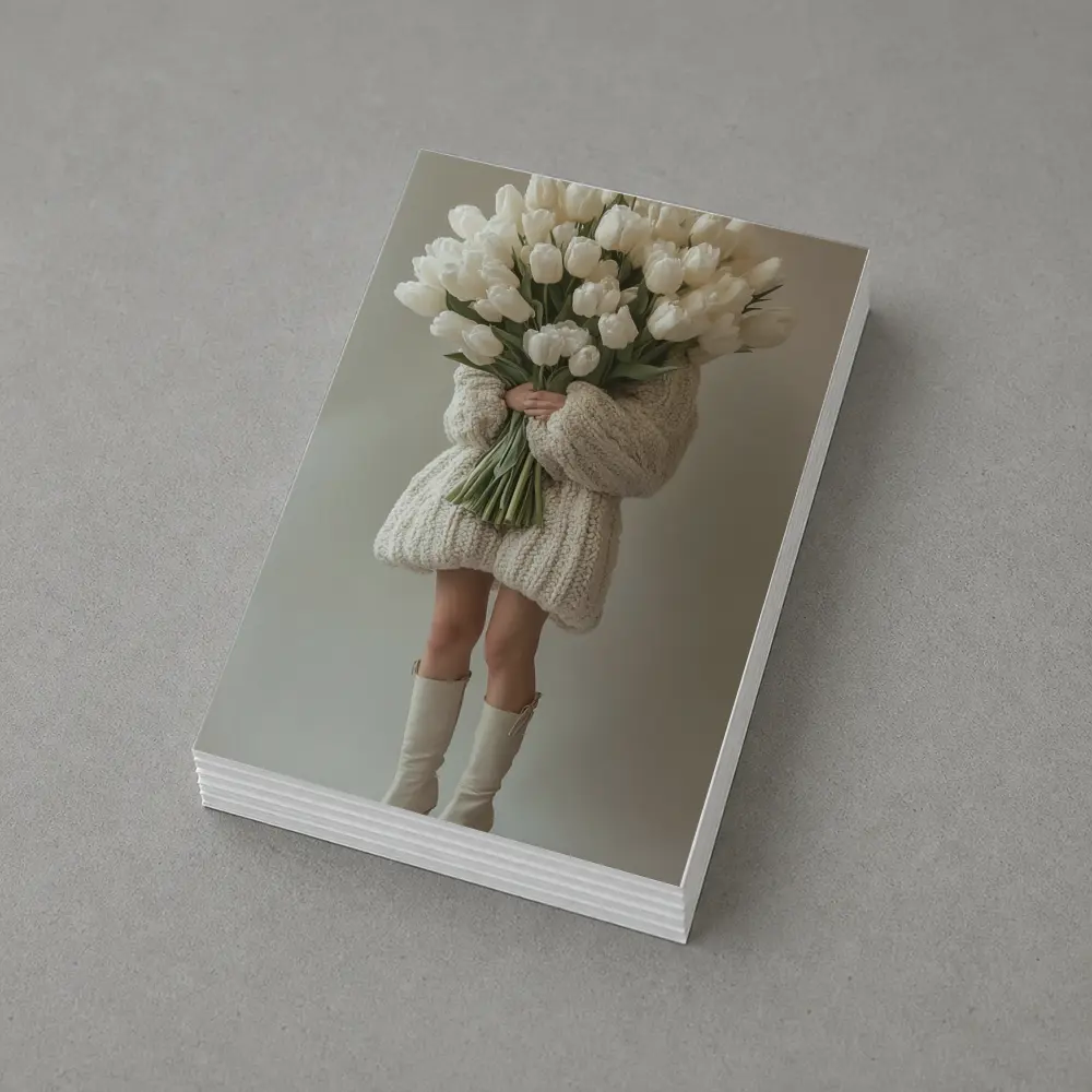 Woman Holding White Tulips Bouquet Beige Background – Postcards