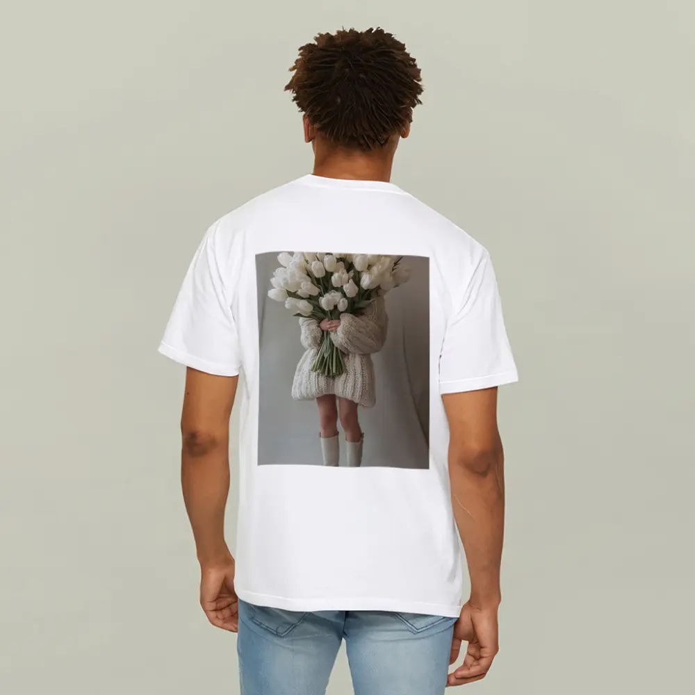 Woman Holding White Tulips Bouquet Beige Background – T-Shirts
