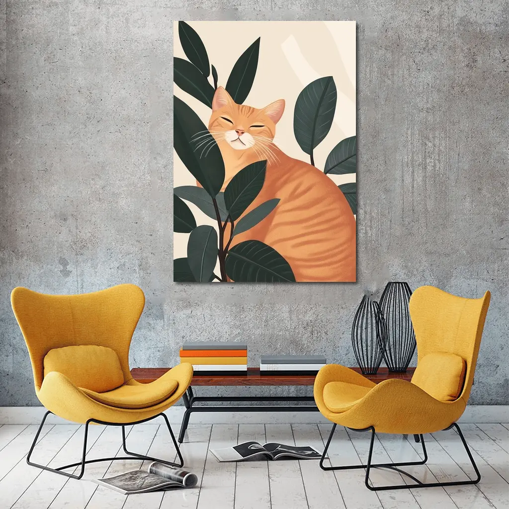 Orange Tabby Cat Among Dark Green Leaves – Wall Art