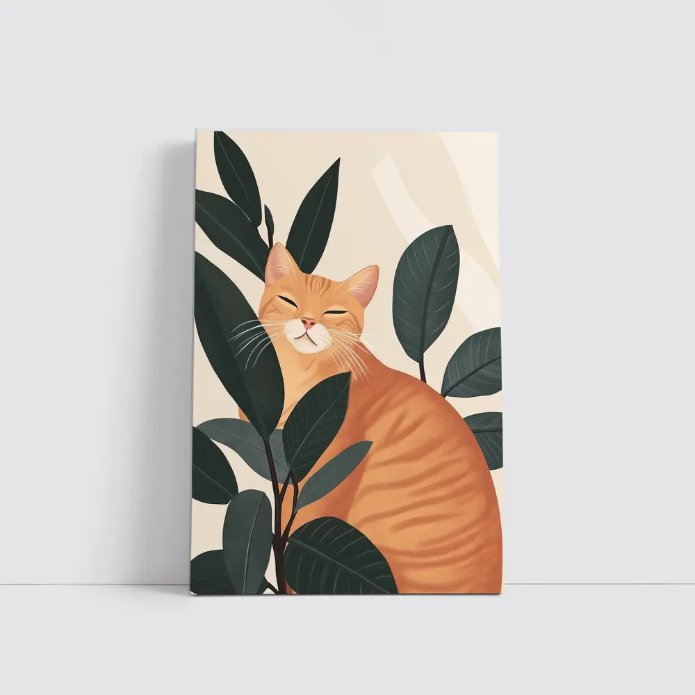 Orange Tabby Cat Among Dark Green Leaves – Wall Art