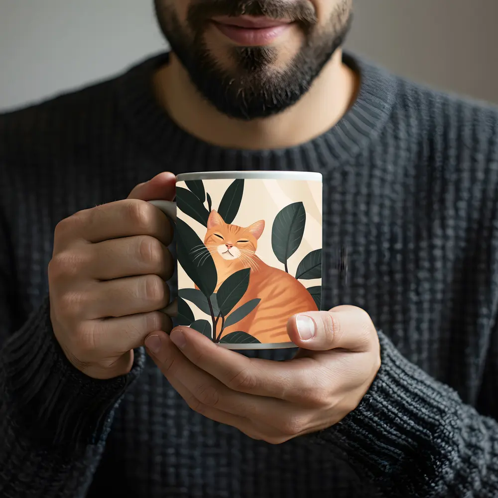 Orange Tabby Cat Among Dark Green Leaves – Mugs