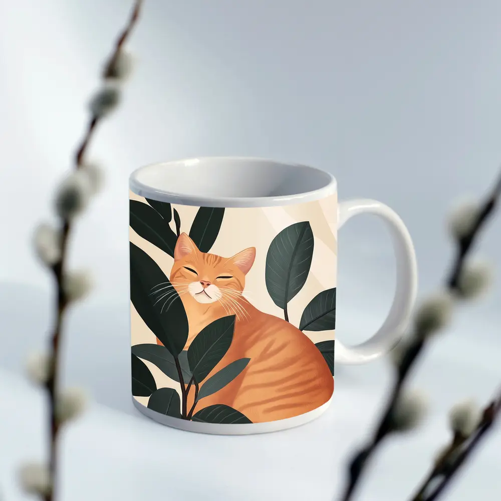 Orange Tabby Cat Among Dark Green Leaves – Mugs