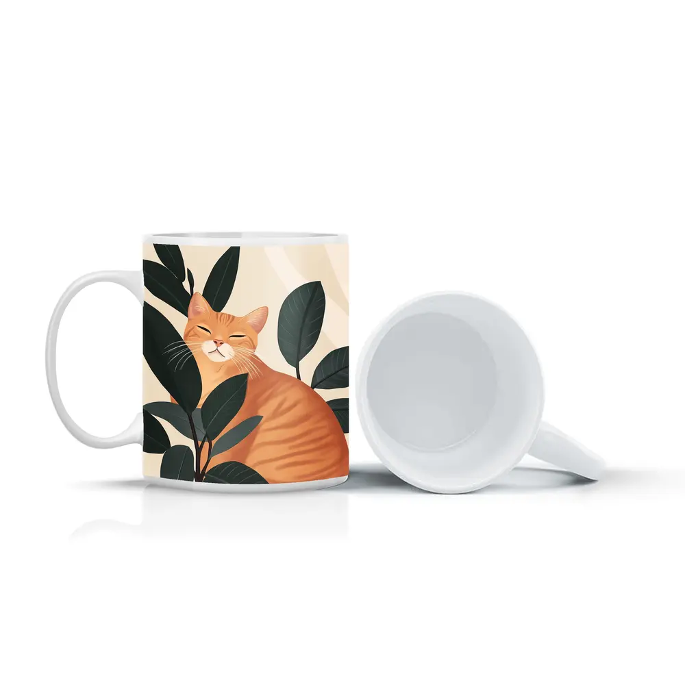 Orange Tabby Cat Among Dark Green Leaves – Mugs