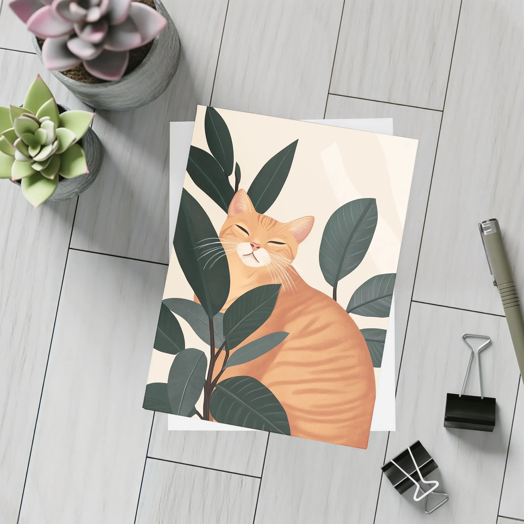 Orange Tabby Cat Among Dark Green Leaves – Postcards