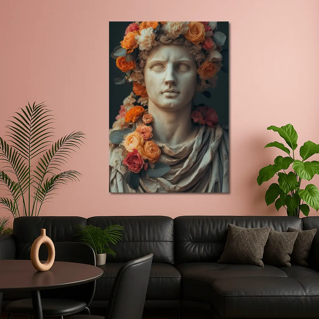 Greek Marble Bust With Colorful Floral Crown – Wall Art