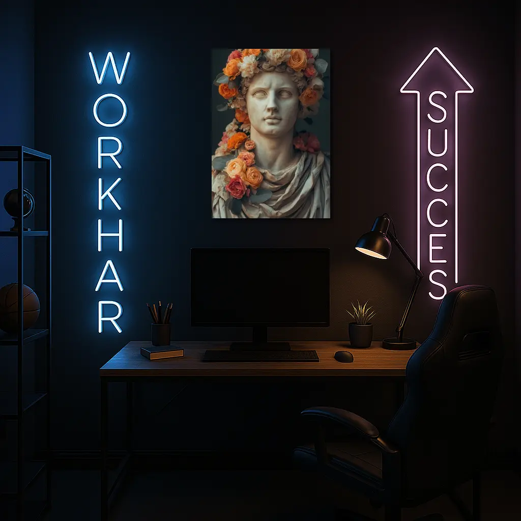Greek Marble Bust With Colorful Floral Crown – Wall Art