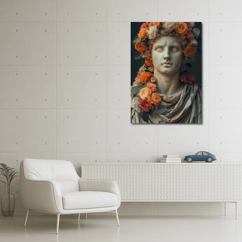 Greek Marble Bust With Colorful Floral Crown – Wall Art