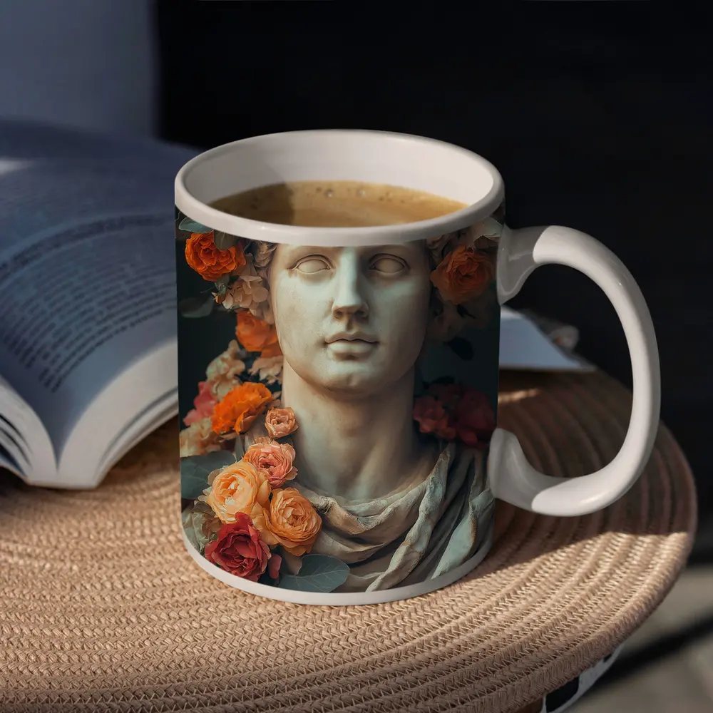 Greek Marble Bust With Colorful Floral Crown – Mugs