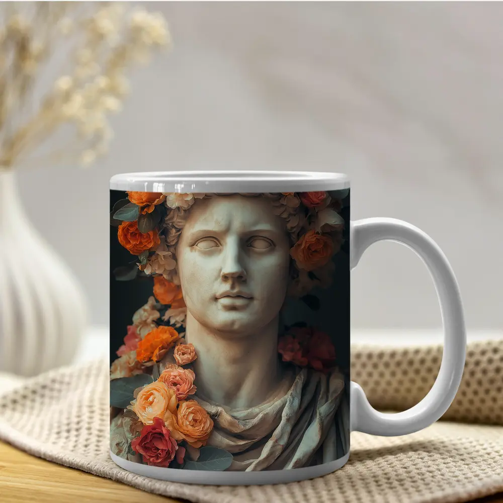 Greek Marble Bust With Colorful Floral Crown – Mugs