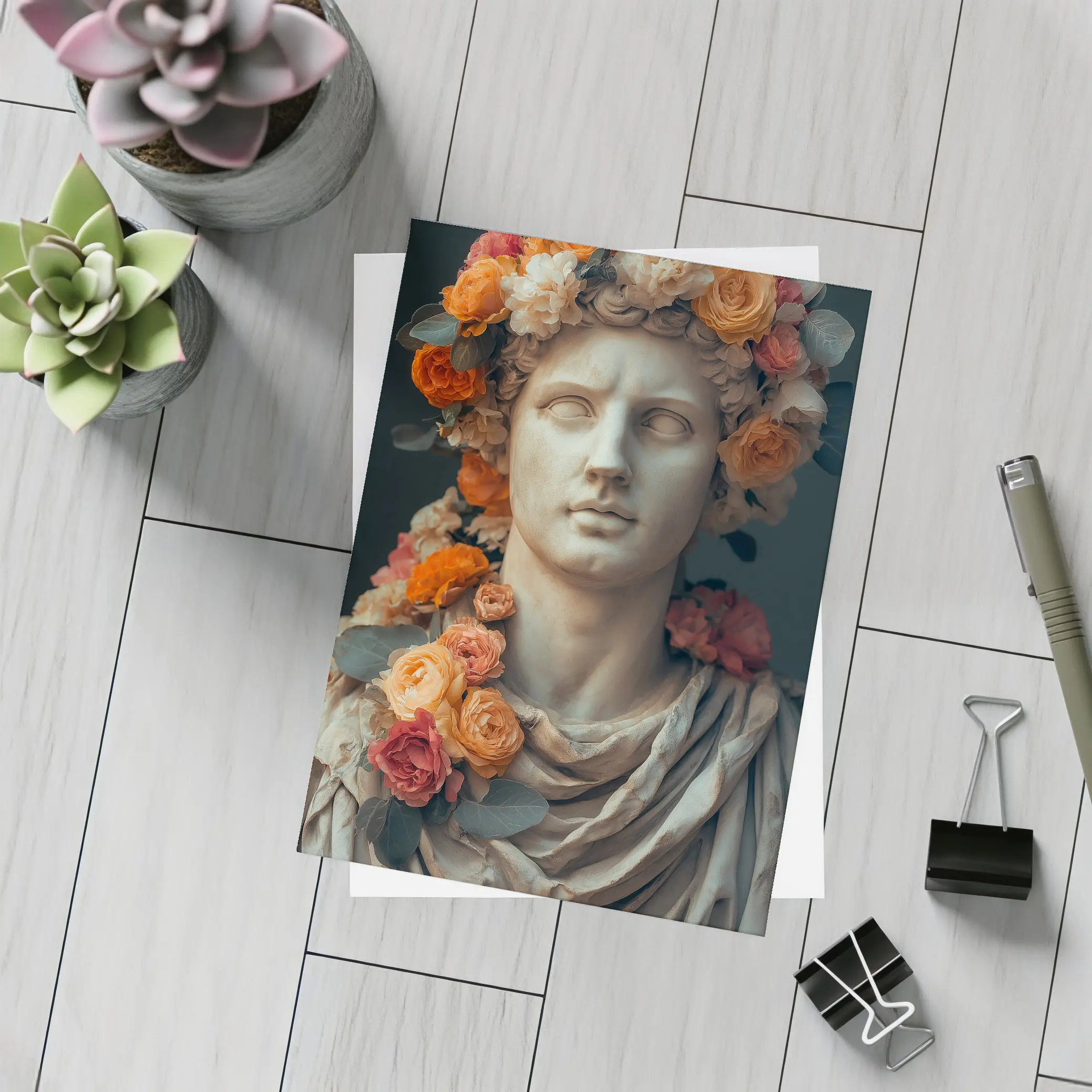 Greek Marble Bust With Colorful Floral Crown – Postcards