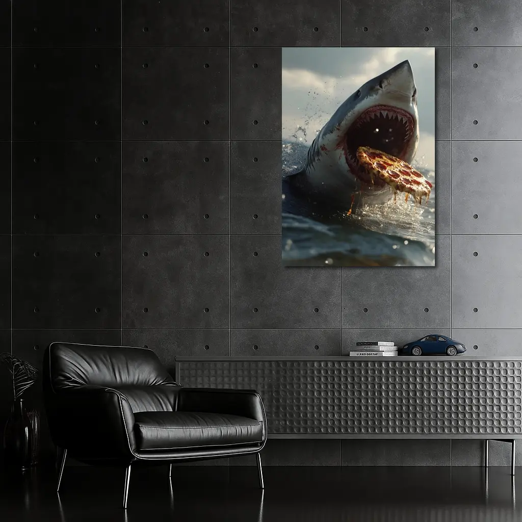 Great White Shark Eating Pizza Ocean Splash – Wall Art