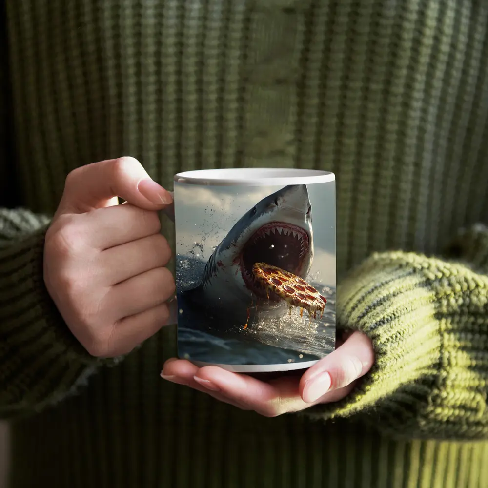 Great White Shark Eating Pizza Ocean Splash – Mugs