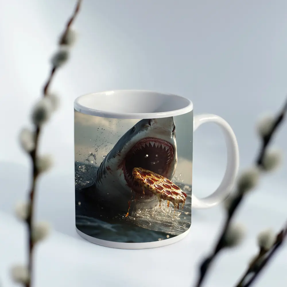 Great White Shark Eating Pizza Ocean Splash – Mugs