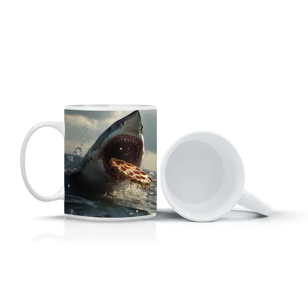 Great White Shark Eating Pizza Ocean Splash – Mugs