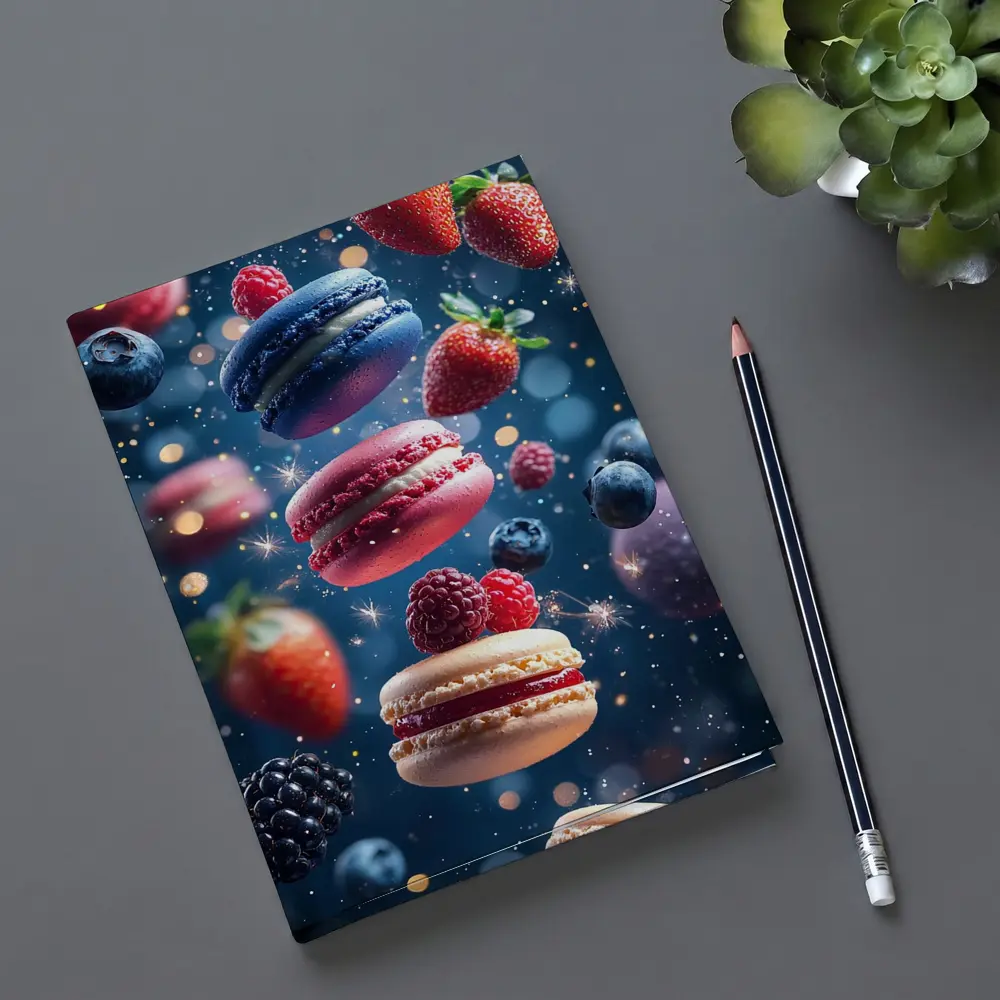 Macarons and Berries Floating Starry Background – Notebooks