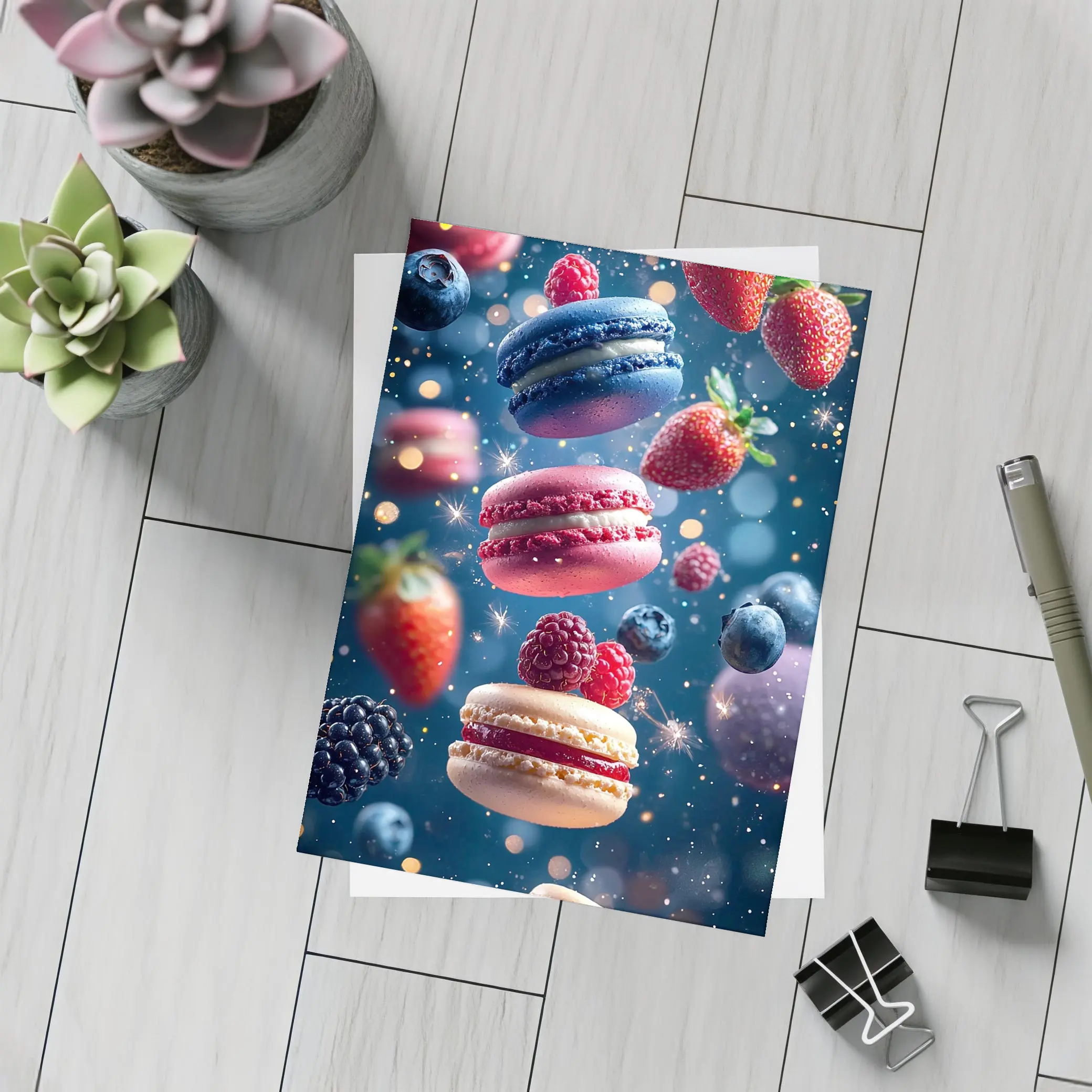 Macarons and Berries Floating Starry Background – Postcards