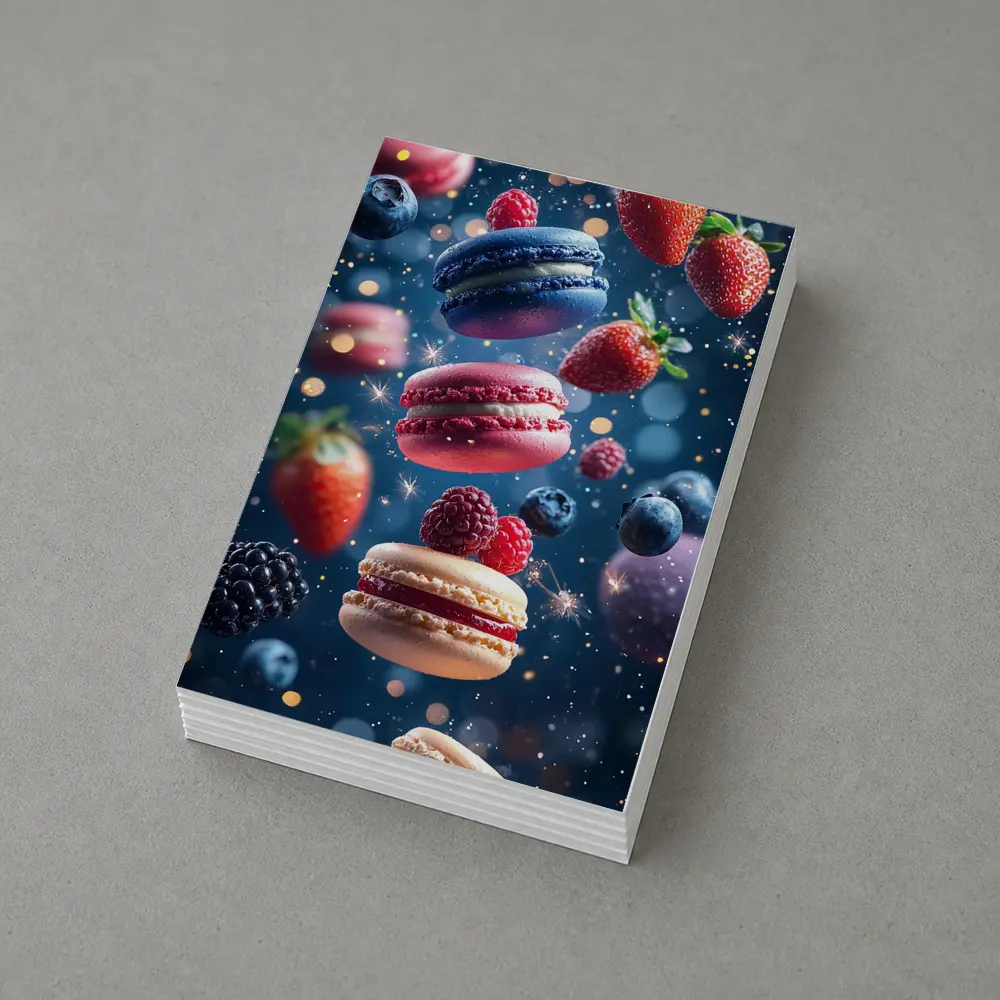 Macarons and Berries Floating Starry Background – Postcards