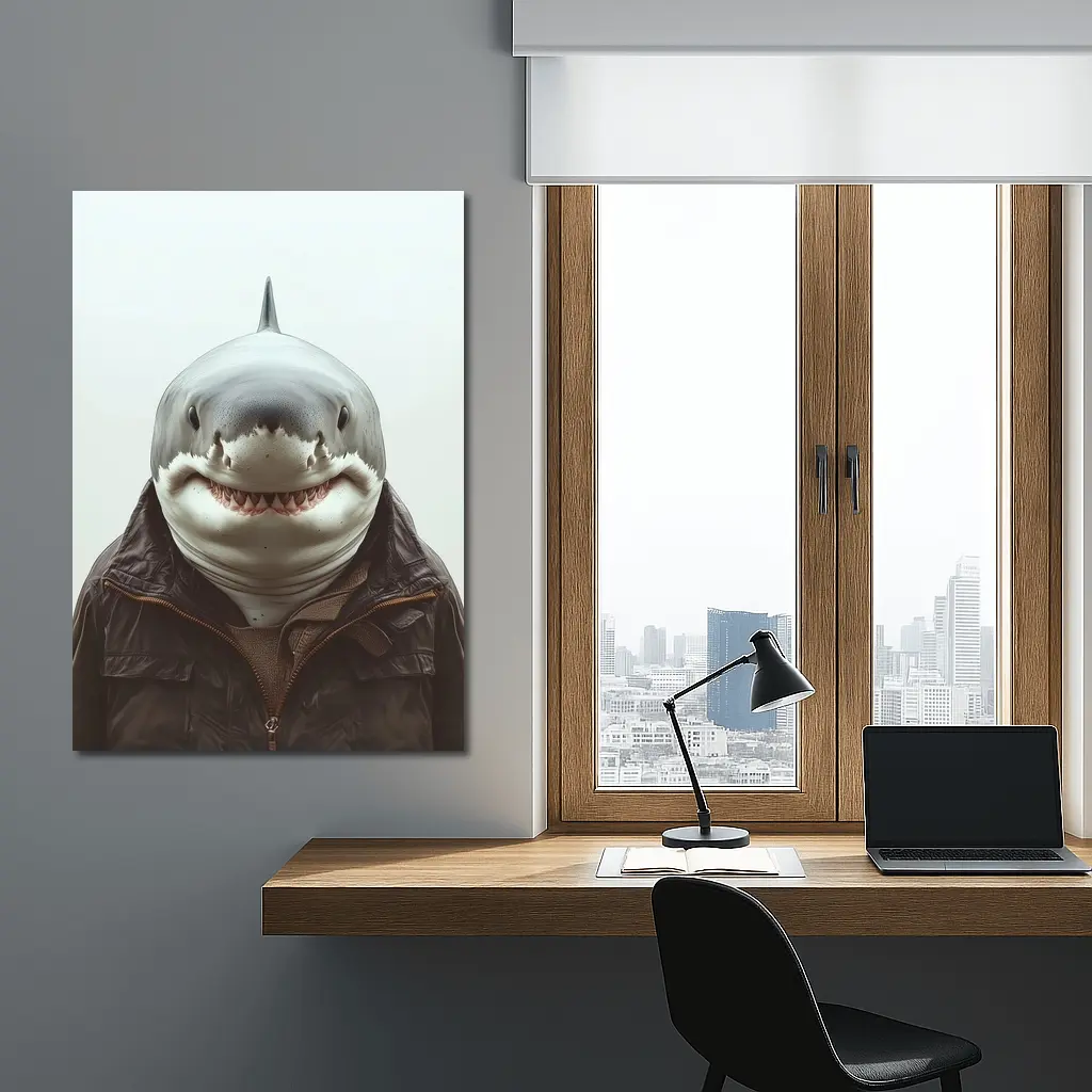Shark in Brown Jacket White Background – Wall Art