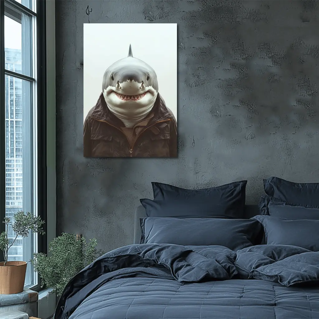 Shark in Brown Jacket White Background – Wall Art