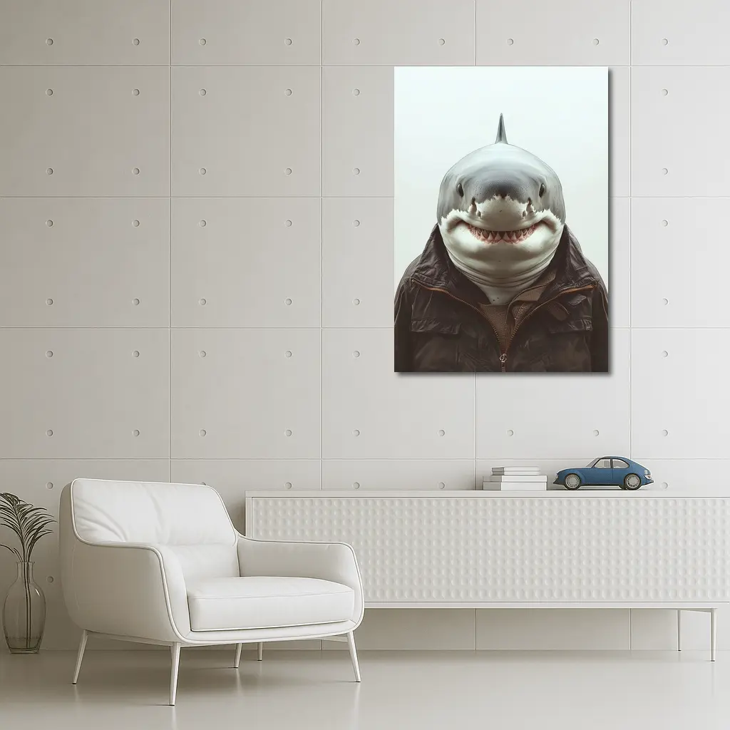 Shark in Brown Jacket White Background – Wall Art