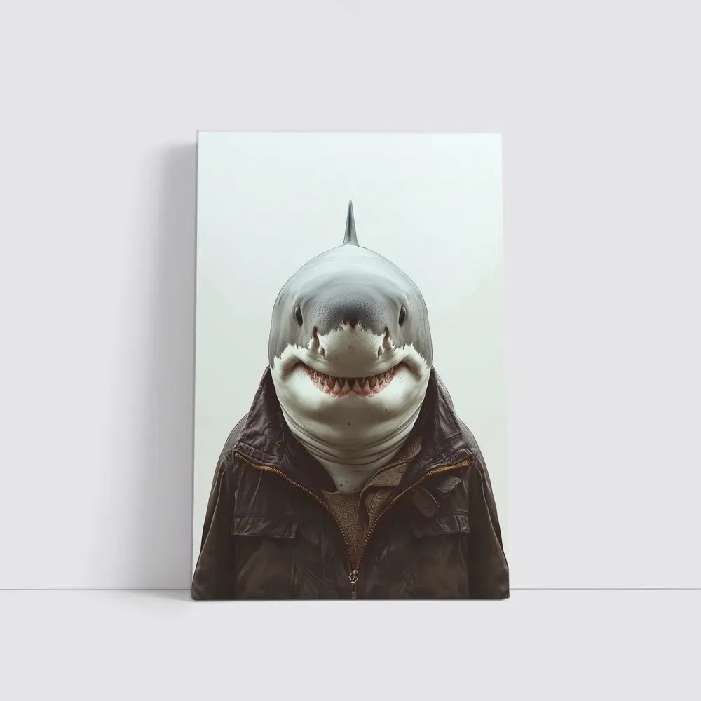 Shark in Brown Jacket White Background – Wall Art