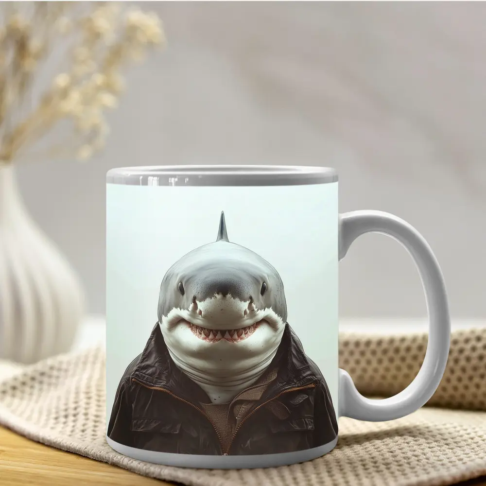 Shark in Brown Jacket White Background – Mugs