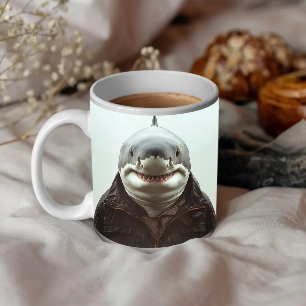 Shark in Brown Jacket White Background – Mugs