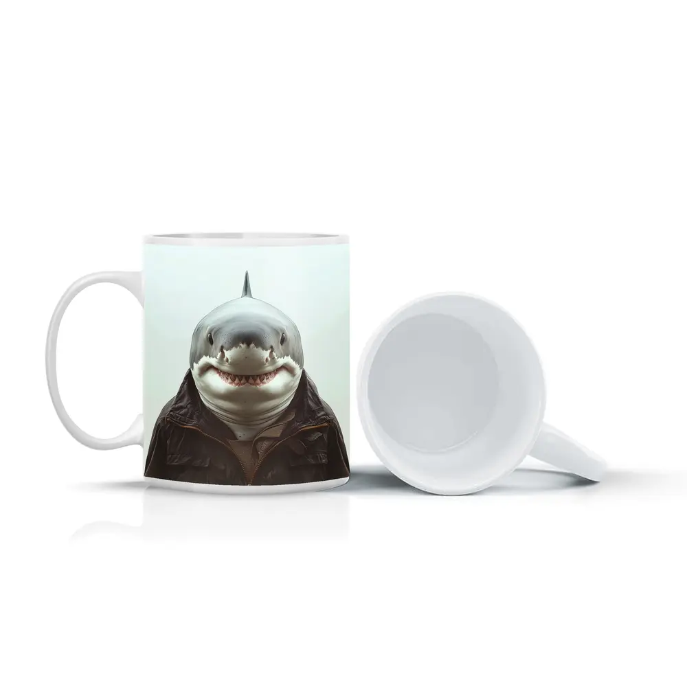 Shark in Brown Jacket White Background – Mugs