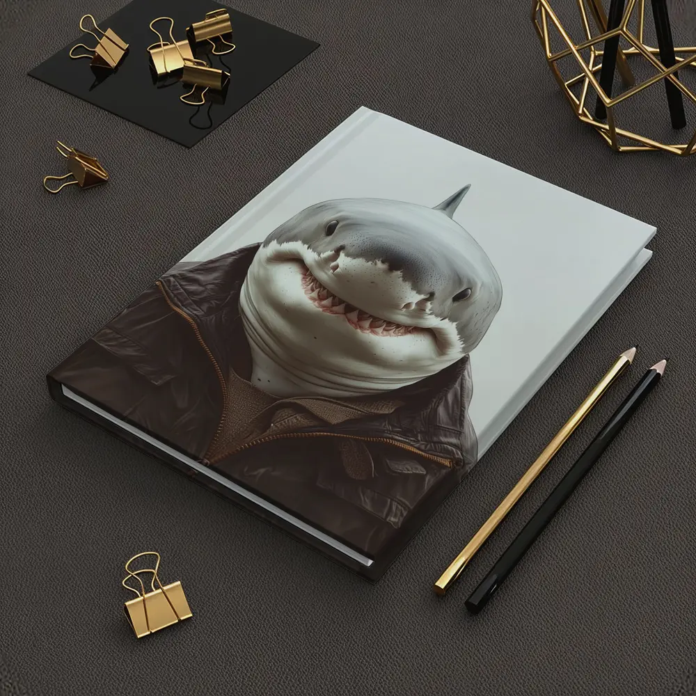 Shark in Brown Jacket White Background – Notebooks