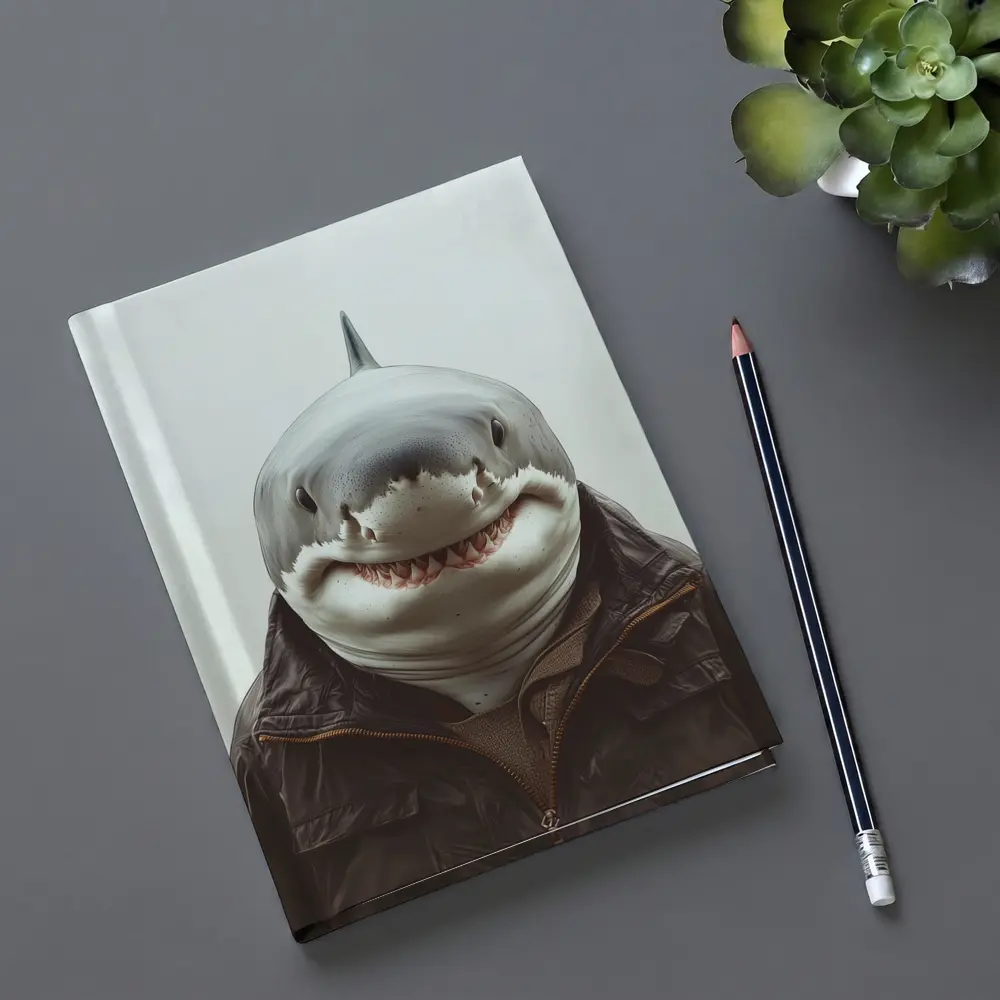 Shark in Brown Jacket White Background – Notebooks