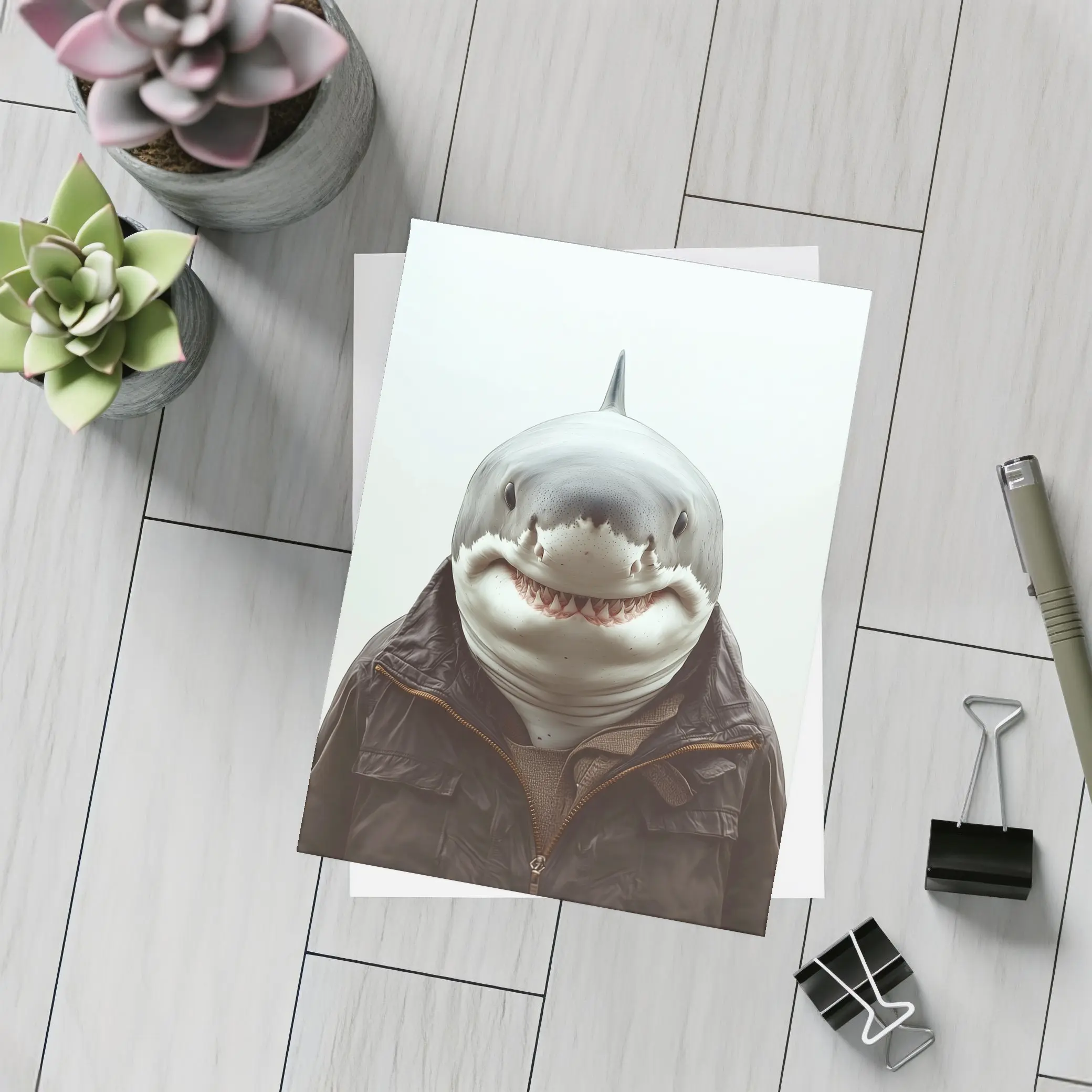 Shark in Brown Jacket White Background – Postcards