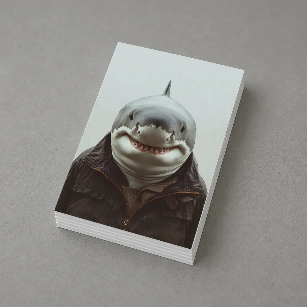 Shark in Brown Jacket White Background – Postcards