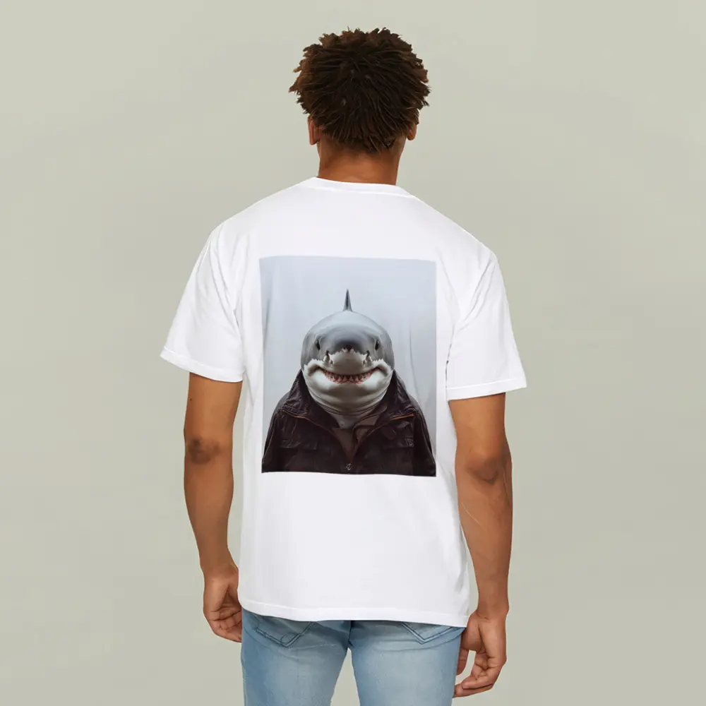 Shark in Brown Jacket White Background – T-Shirts