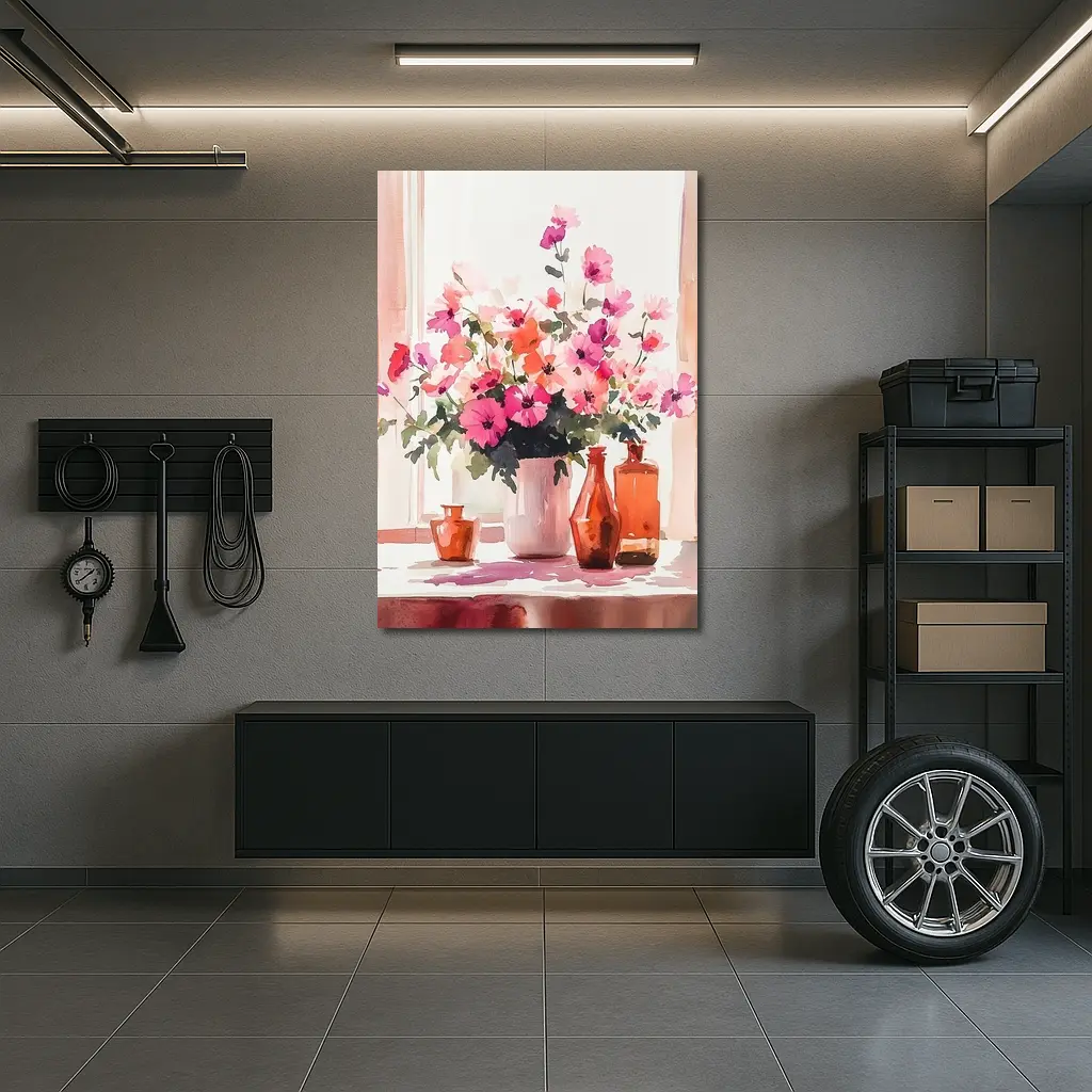 Pink Flowers Watercolor Still Life Window Light – Wall Art
