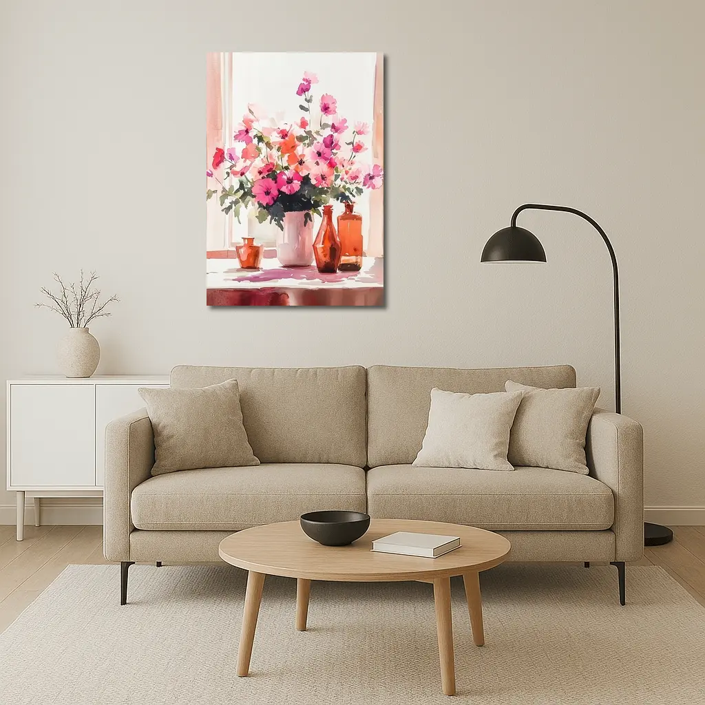 Pink Flowers Watercolor Still Life Window Light – Wall Art