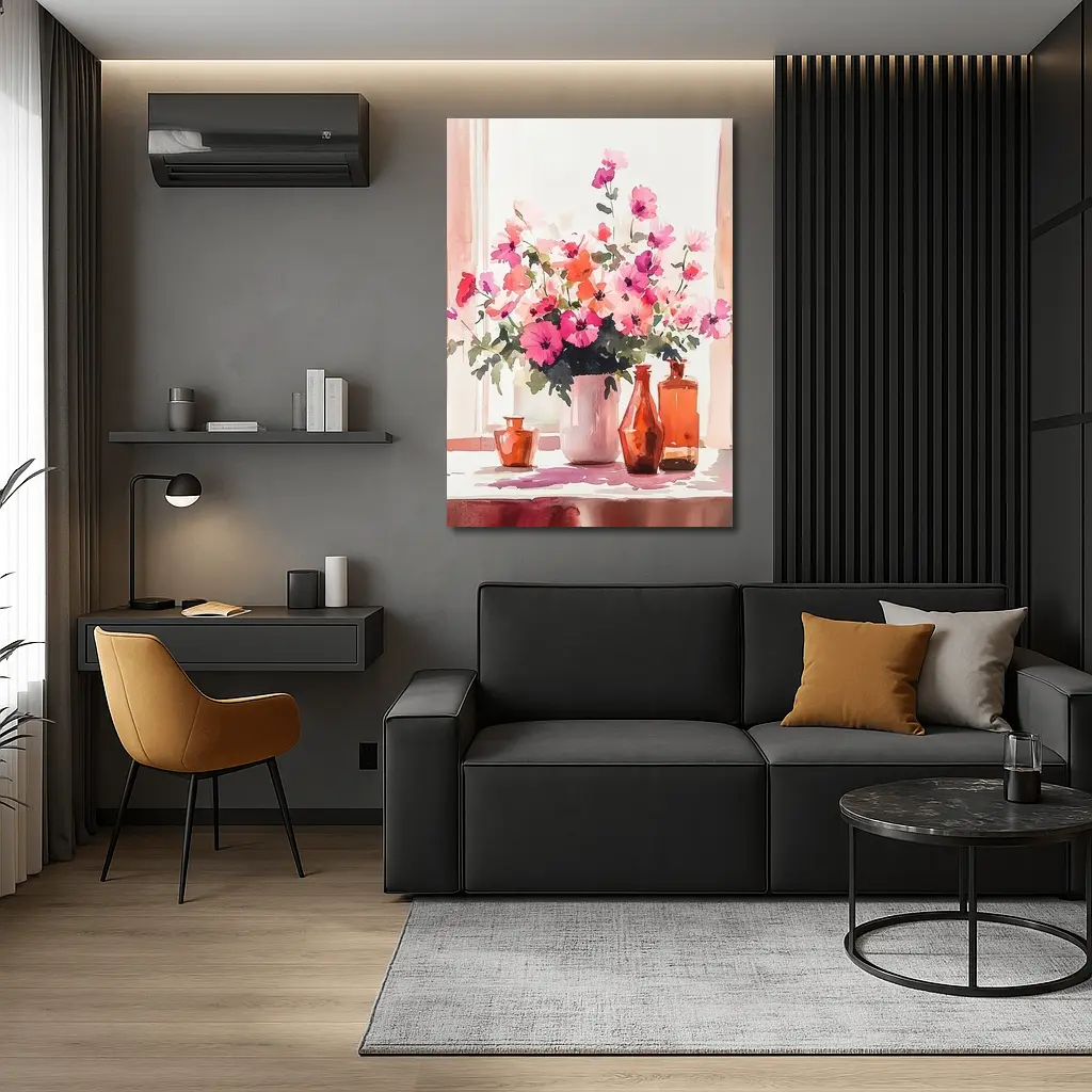 Pink Flowers Watercolor Still Life Window Light – Wall Art
