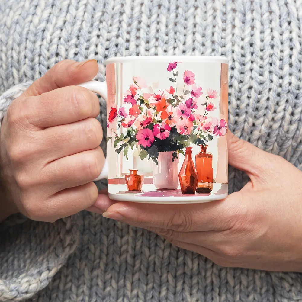 Pink Flowers Watercolor Still Life Window Light – Mugs