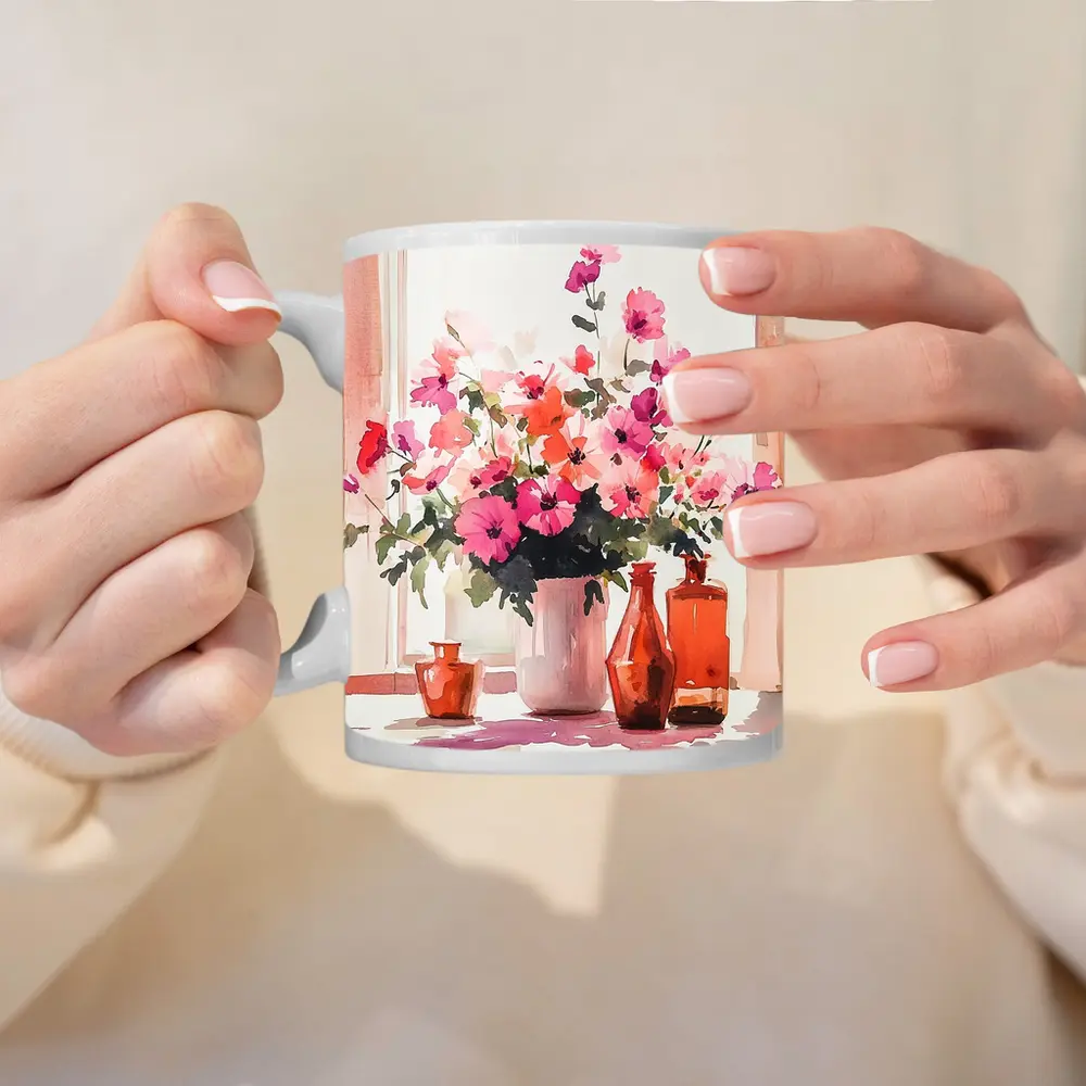 Pink Flowers Watercolor Still Life Window Light – Mugs