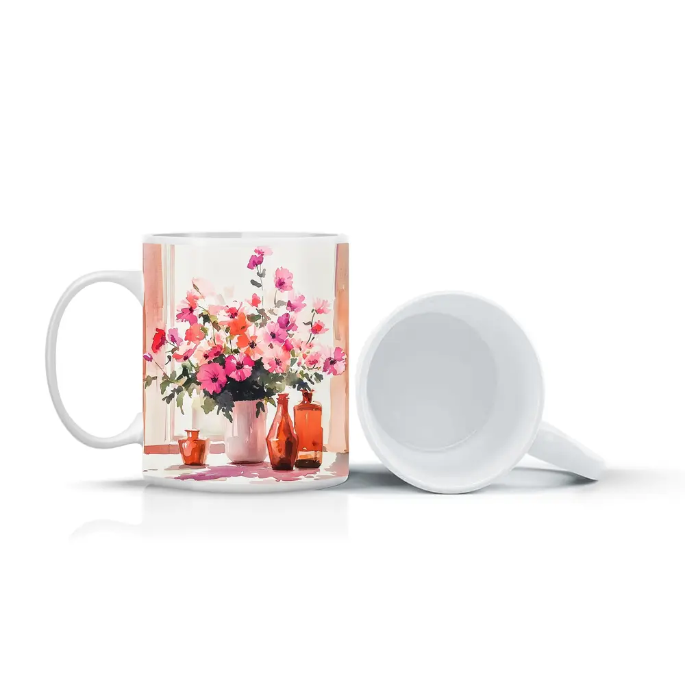 Pink Flowers Watercolor Still Life Window Light – Mugs