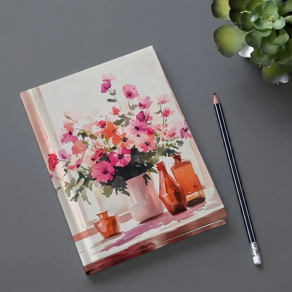 Pink Flowers Watercolor Still Life Window Light – Notebooks