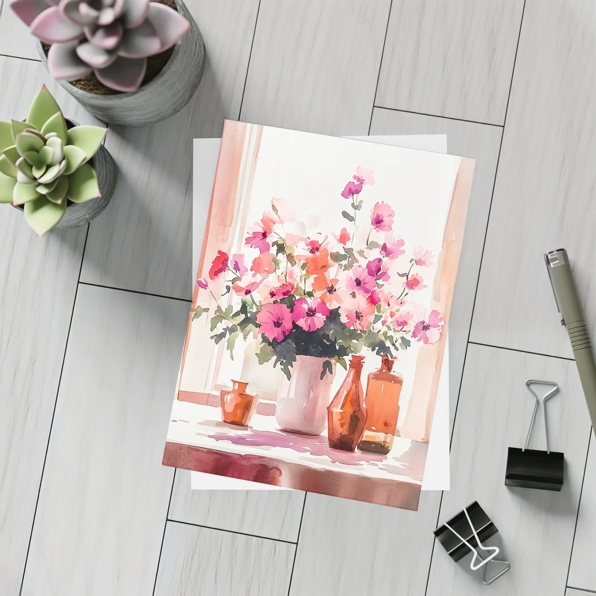 Pink Flowers Watercolor Still Life Window Light – Postcards
